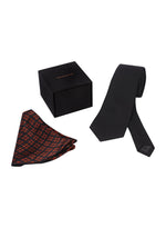 Chokore Chokore Black color Plain Silk Tie & Double-sided Brick Red & Black Silk Pocket Circle set 