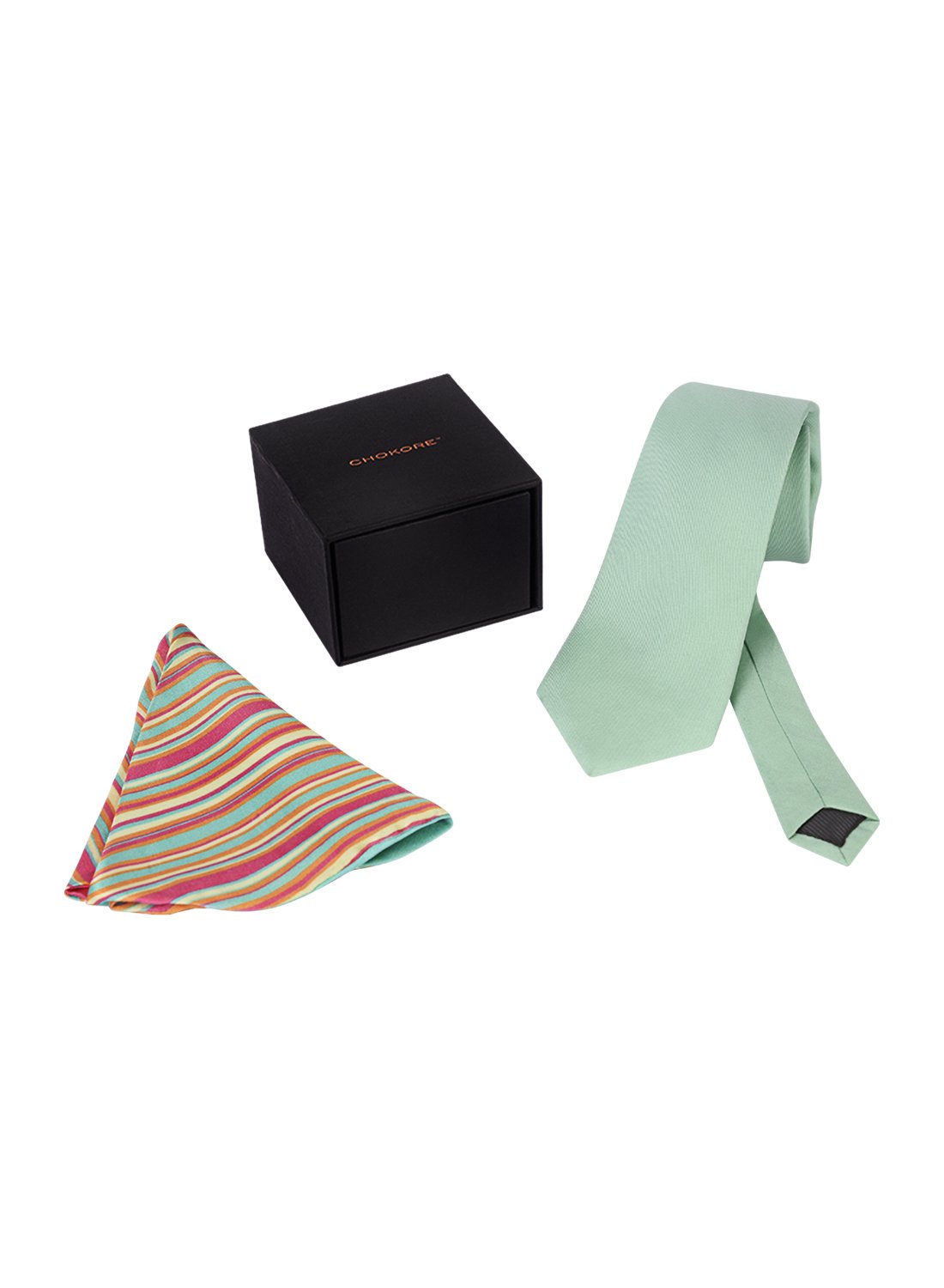 Chokore Sea Green color Silk Tie & Double-sided Multicolor Silk Pocket Circle set