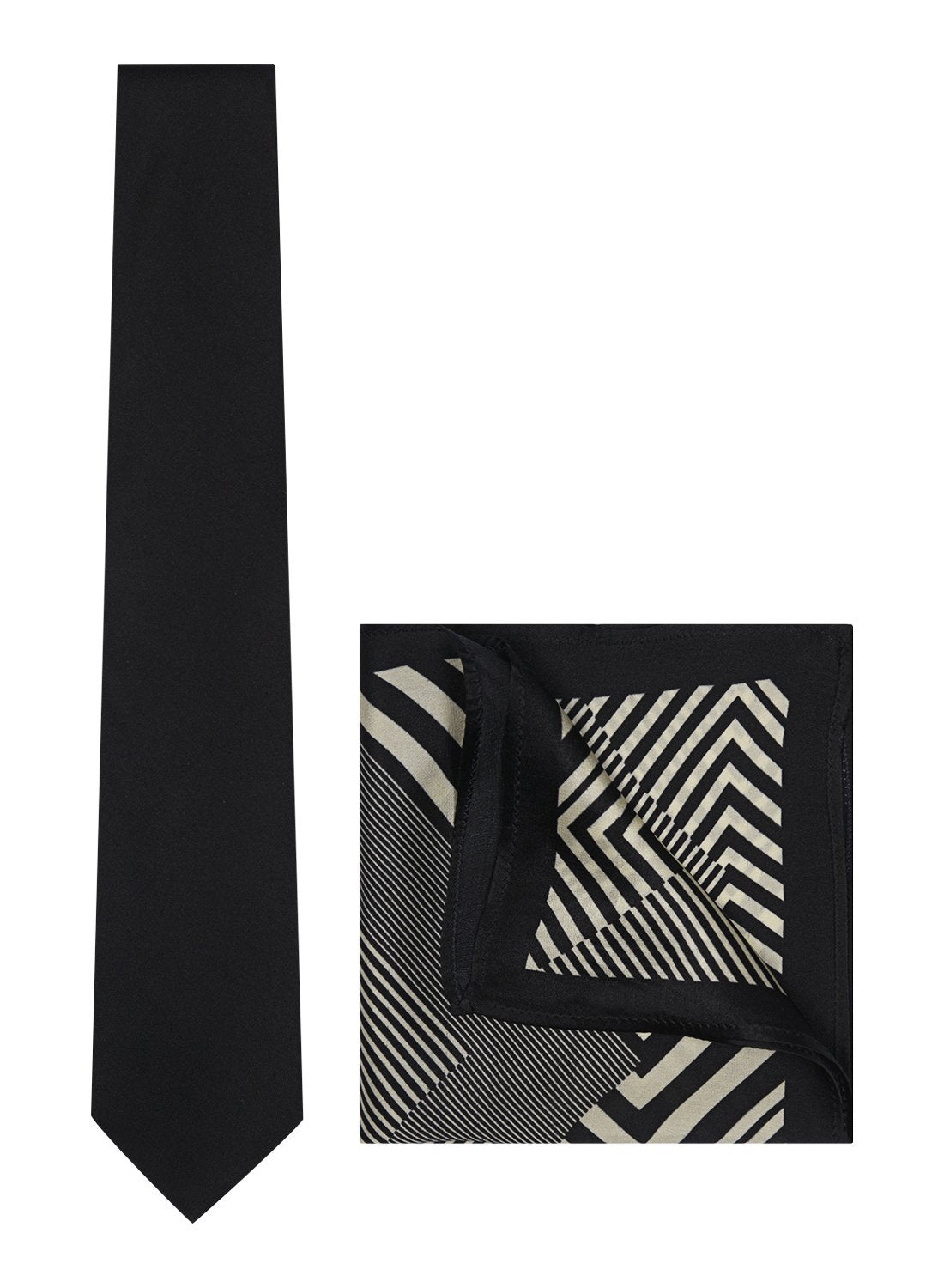 Chokore Black color Plain Silk Tie & Black and White silk pocket square set