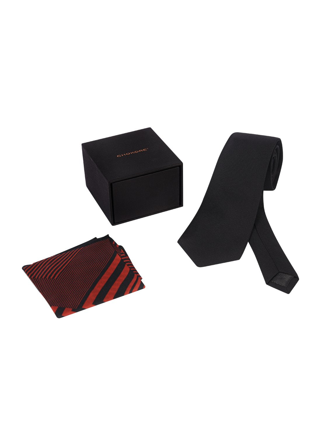 Chokore Black color Plain Silk Tie & Red & Black printed silk pocket square set