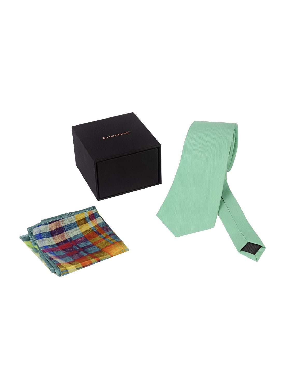 Chokore Sea Green color Silk Tie & Multicolor Silk Pocket Square set