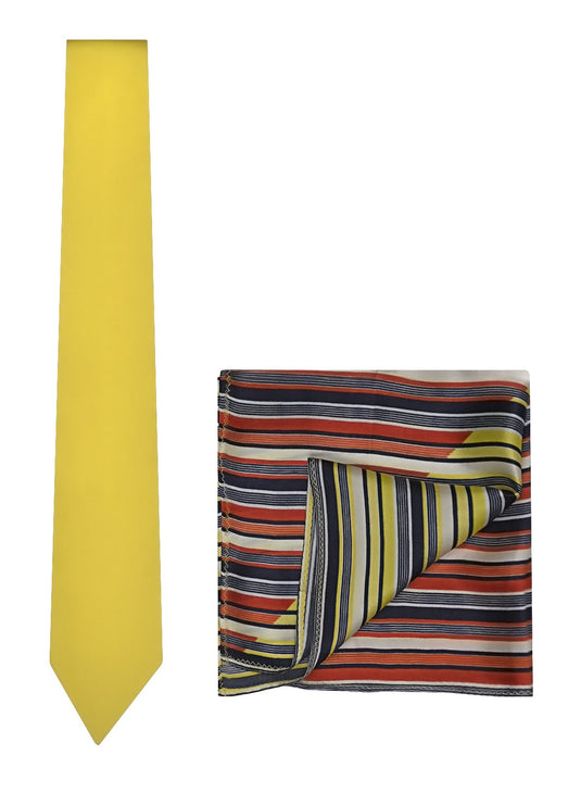 Chokore Yellow color silk tie & Two-in-one Red & Yellow Silk Pocket Square set