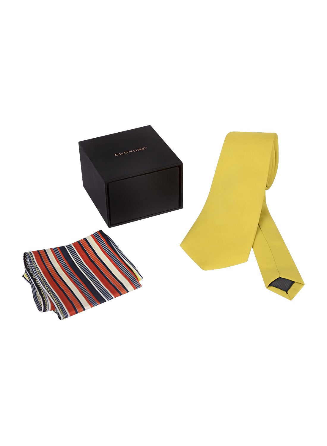 Chokore Yellow color silk tie & Two-in-one Red & Yellow Silk Pocket Square set