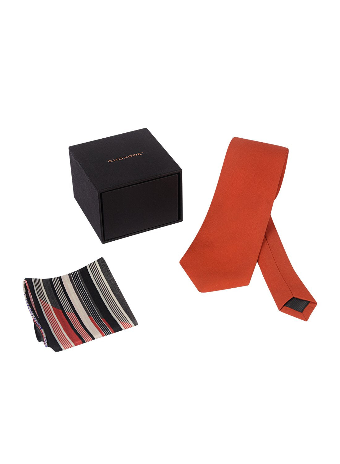 Chokore Red color silk tie & 2-in-1 Red & Black Silk Pocket Square set