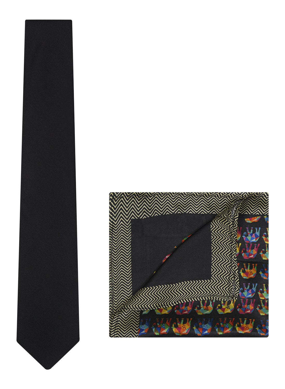 Chokore Black color Plain Silk Tie & Multi-coloured Elephants silk pocket square set