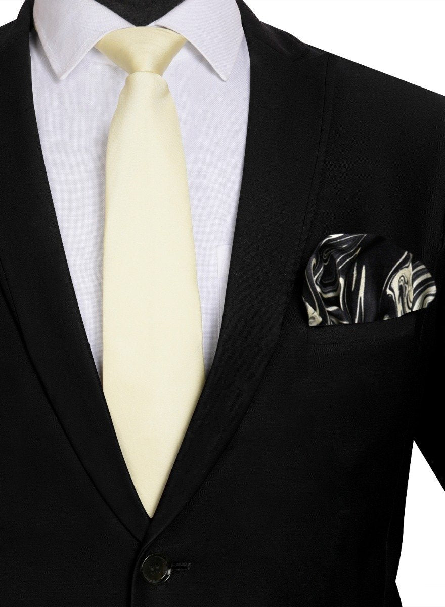 Chokore Off White color Plain Silk Tie & Off White and Black color silk pocket square set