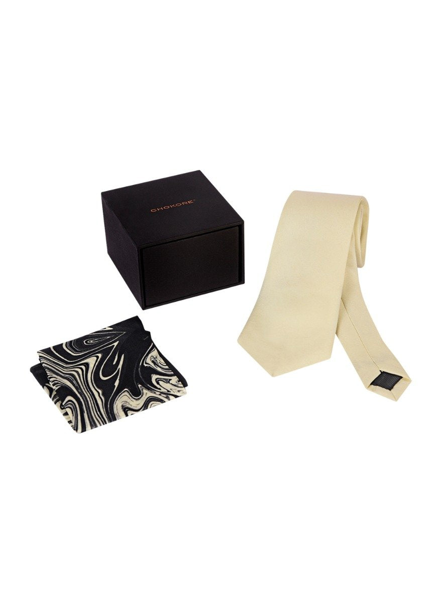 Chokore Off White color Plain Silk Tie & Off White and Black color silk pocket square set