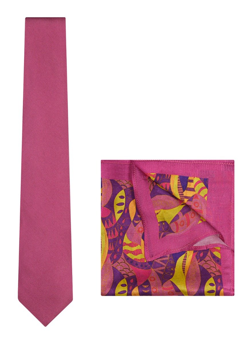 Chokore Pink color silk tie & Magenta & Orange Pure Silk Pocket Square set