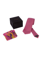 Chokore Chokore Pink color silk tie & Magenta & Orange Pure Silk Pocket Square set
