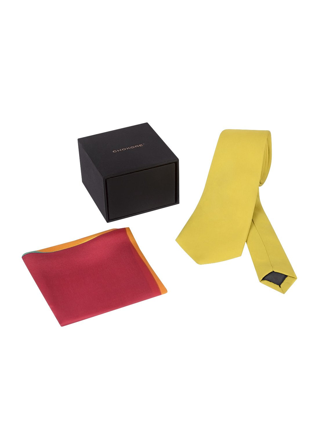 Chokore Yellow color silk tie & 4-in-1 Multicolor Pure Silk Pocket Square set