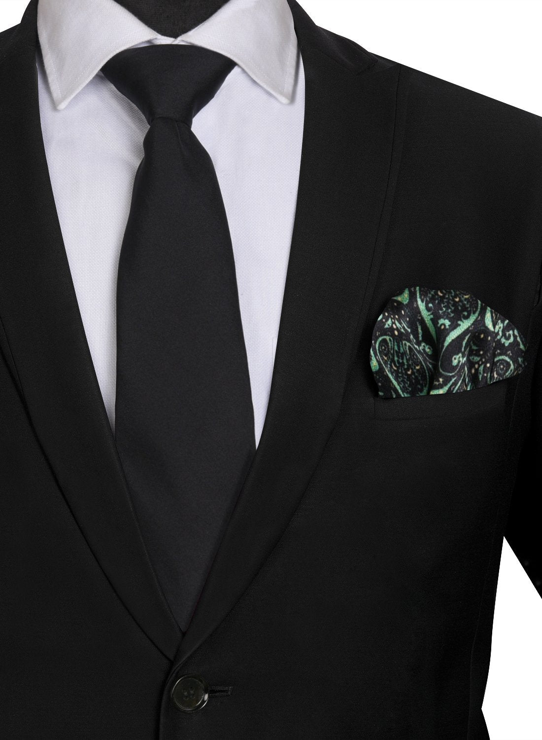 Chokore Black color Plain Silk Tie & Black & Dark Sea Green silk pocket square set