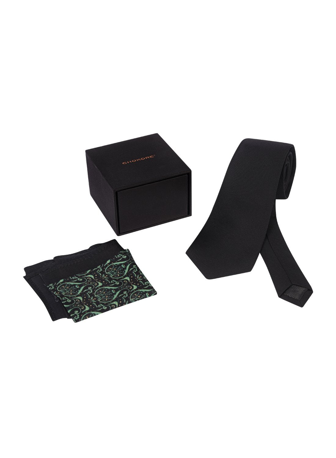 Chokore Black color Plain Silk Tie & Black & Dark Sea Green silk pocket square set