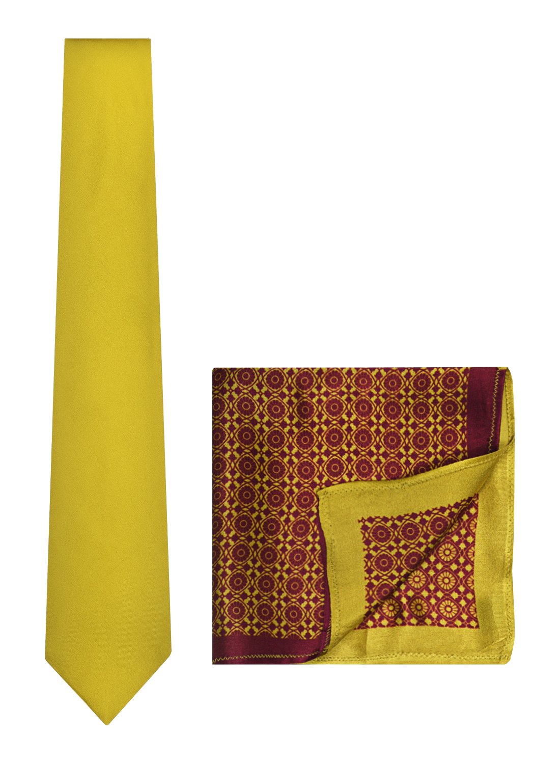 Chokore Yellow color silk tie & Burgundy and Lemon Green Silk Pocket Square set