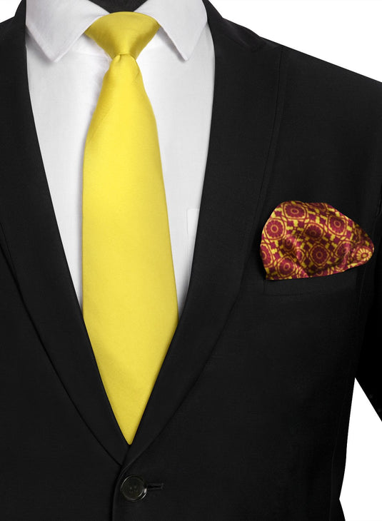 Chokore Yellow color silk tie & Burgundy and Lemon Green Silk Pocket Square set