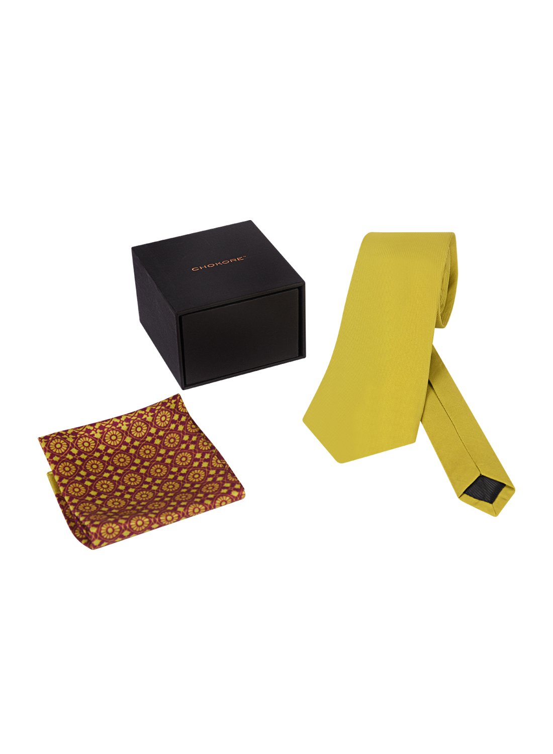 Chokore Yellow color silk tie & Burgundy and Lemon Green Silk Pocket Square set
