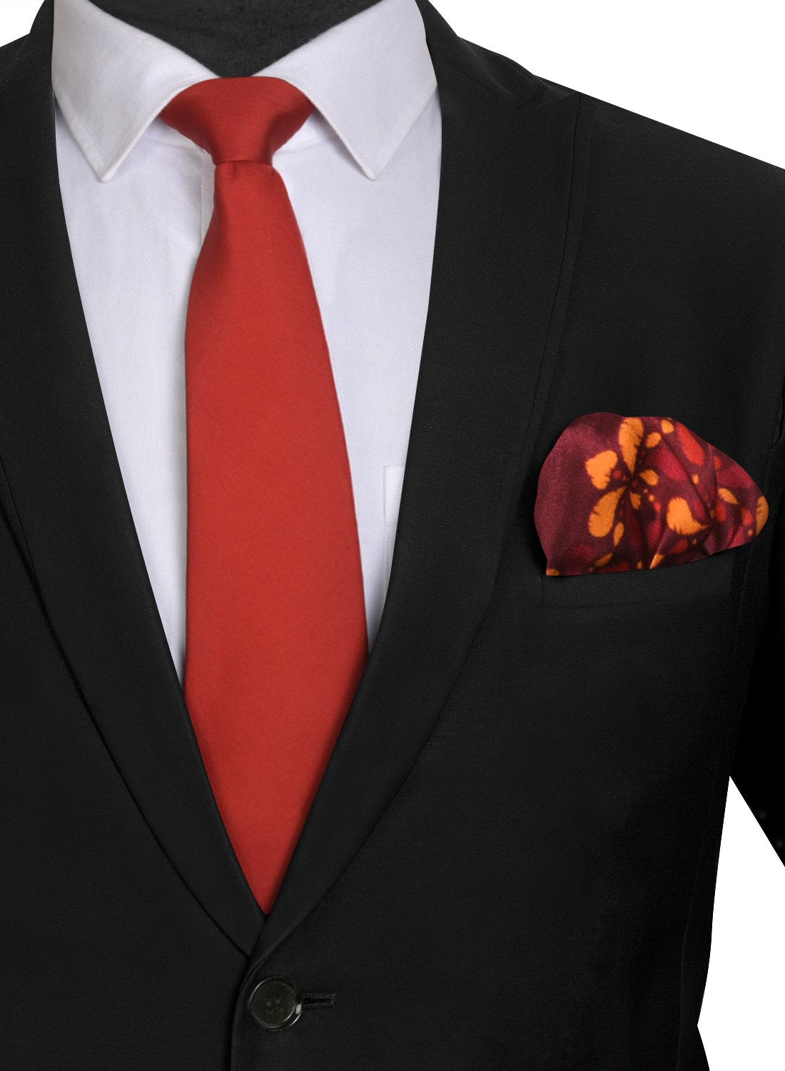 Chokore Red color Plain Silk Tie & Burgundy floral print pure silk pocket square set