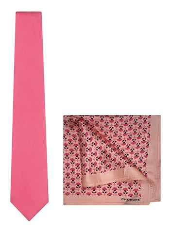 Chokore Pink color Plain Silk Tie & Pink color floral print silk pocket square set - Chokore Pink color Plain Silk Tie & Pink color floral print silk pocket square set