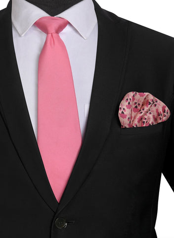 Chokore Pink color Plain Silk Tie & Pink color floral print silk pocket square set - Chokore Pink color Plain Silk Tie & Pink color floral print silk pocket square set