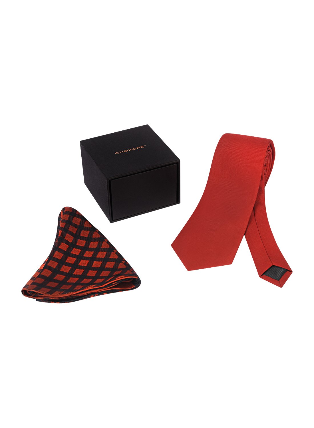 Chokore Red color Plain Silk Tie & Double-sided Brick Red & Black Silk Pocket Circle set