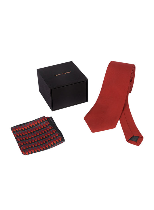 Chokore Red Silk Tie & Red and Black Silk Pocket Square