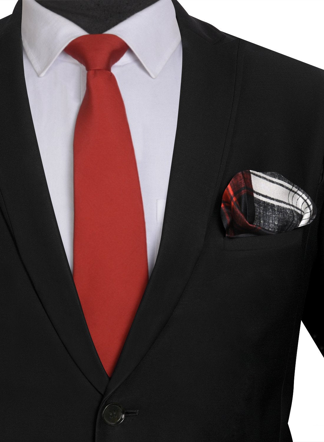 Chokore Red color Plain Silk Tie & Four-in-one Black & Red pure silk pocket square set