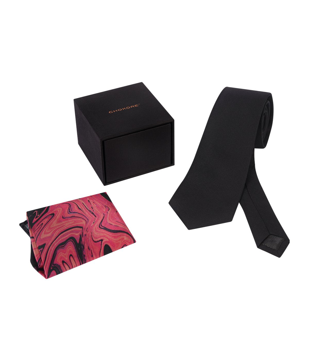 Chokore Black color Plain Silk Tie & Magenta printed silk pocket square set