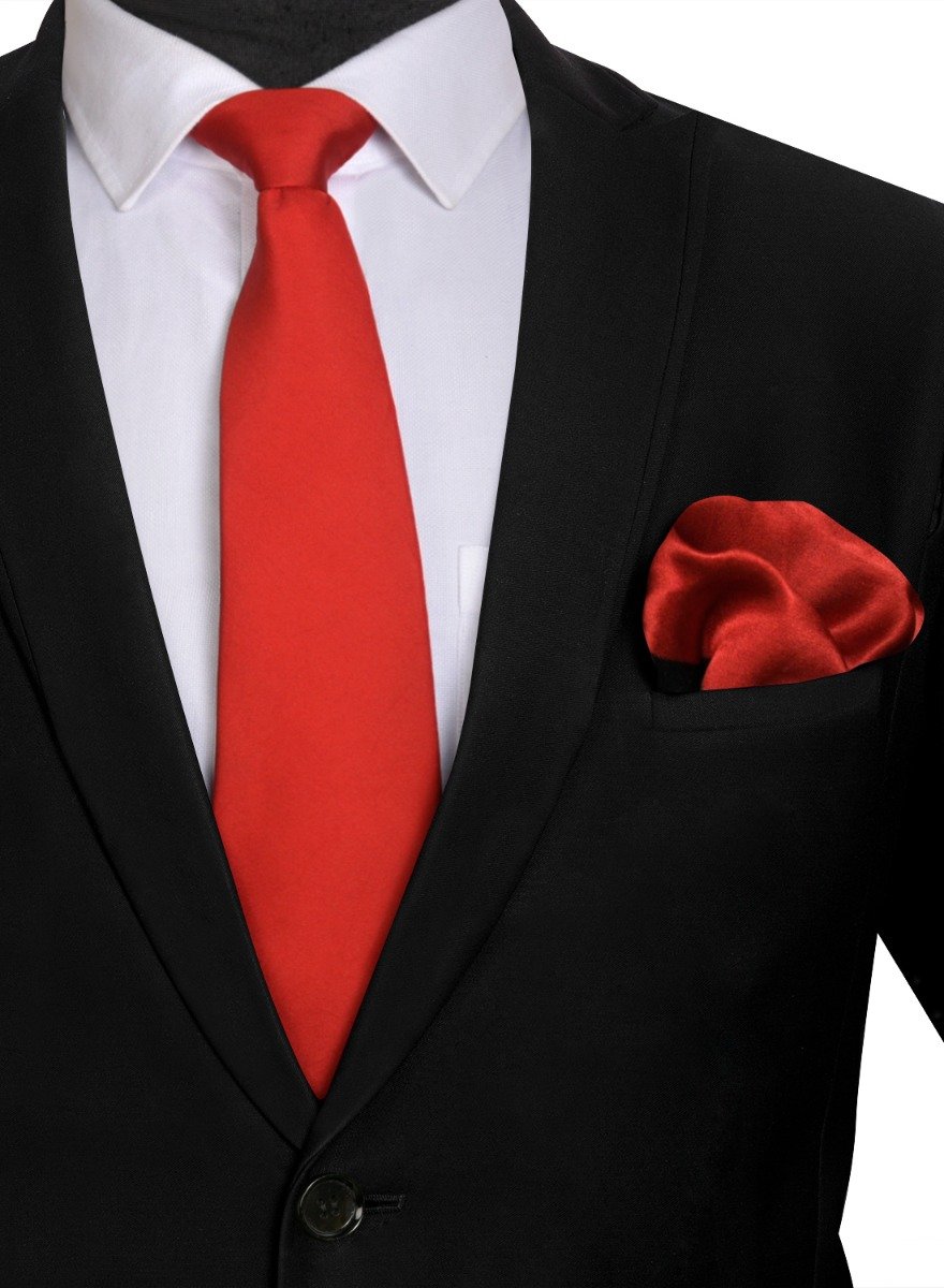 Chokore Red color Plain Silk Tie & Two-in-one Red & Black silk pocket square set