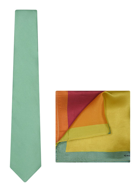 Chokore Sea Green color Silk Tie & Four-in-one Multicolor Silk Pocket Square set