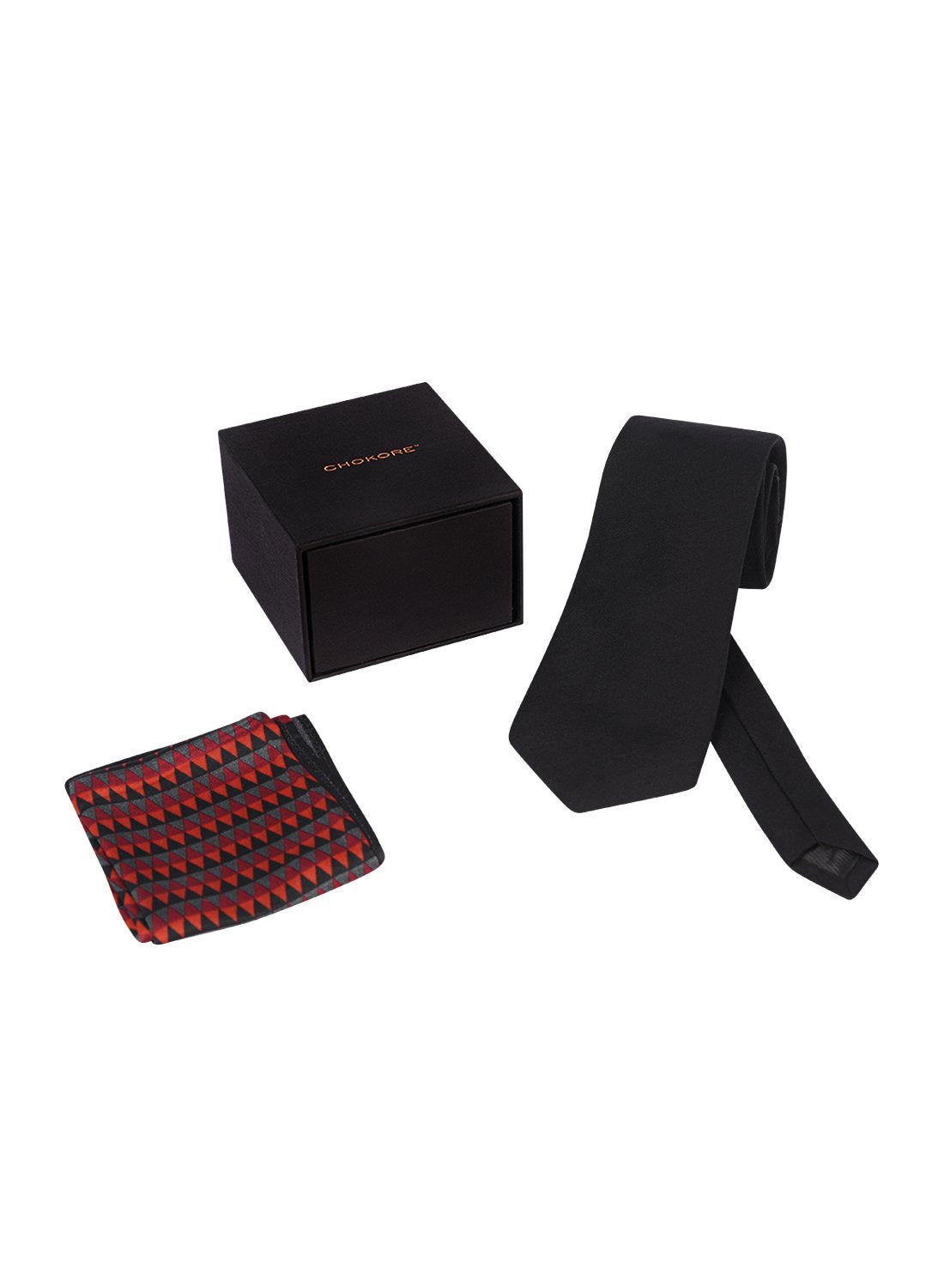 Chokore Black color silk tie & Red and Black Silk Pocket Square set