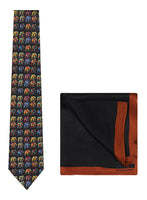 Chokore Chokore Multi-colour Elephants Silk Tie - Wildlife range & Printed Pure Silk Pocket Square set