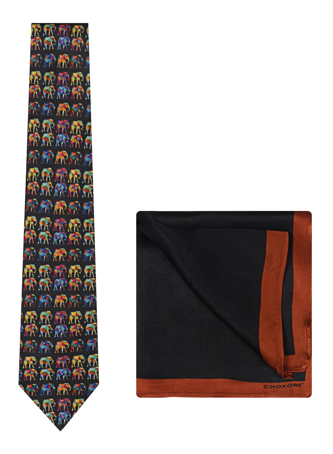 Chokore Multi-colour Elephants Silk Tie - Wildlife range & Printed Pure Silk Pocket Square set