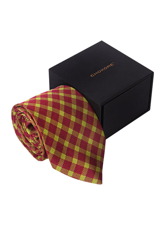 Chokore Burgundy & Lime Green Silk Necktie - Plaids Collection