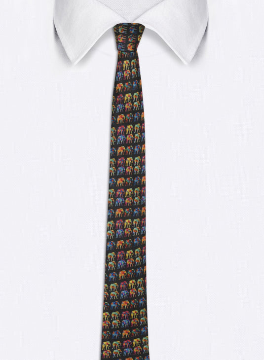 Chokore Black & Multi-coloured Elephants Silk Tie - Wildlife Collection