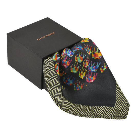 Chokore Black with Multi-coloured Elephants Silk Pocket Square - Wildlife Collection