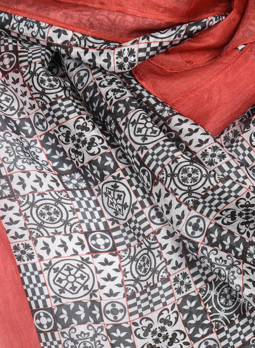 Printed White, Black & Red Silk Stole for Women