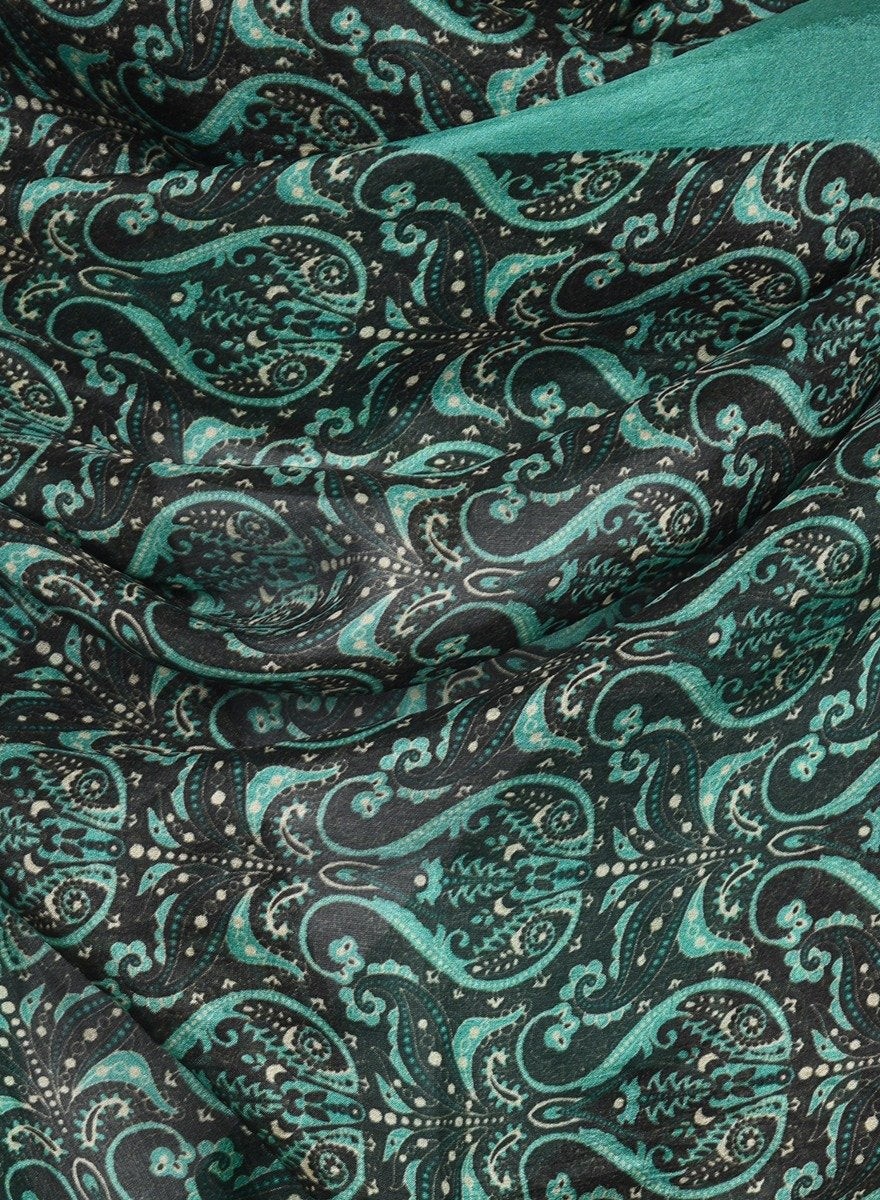 Printed Black & Sea Green Silk Stole for Women