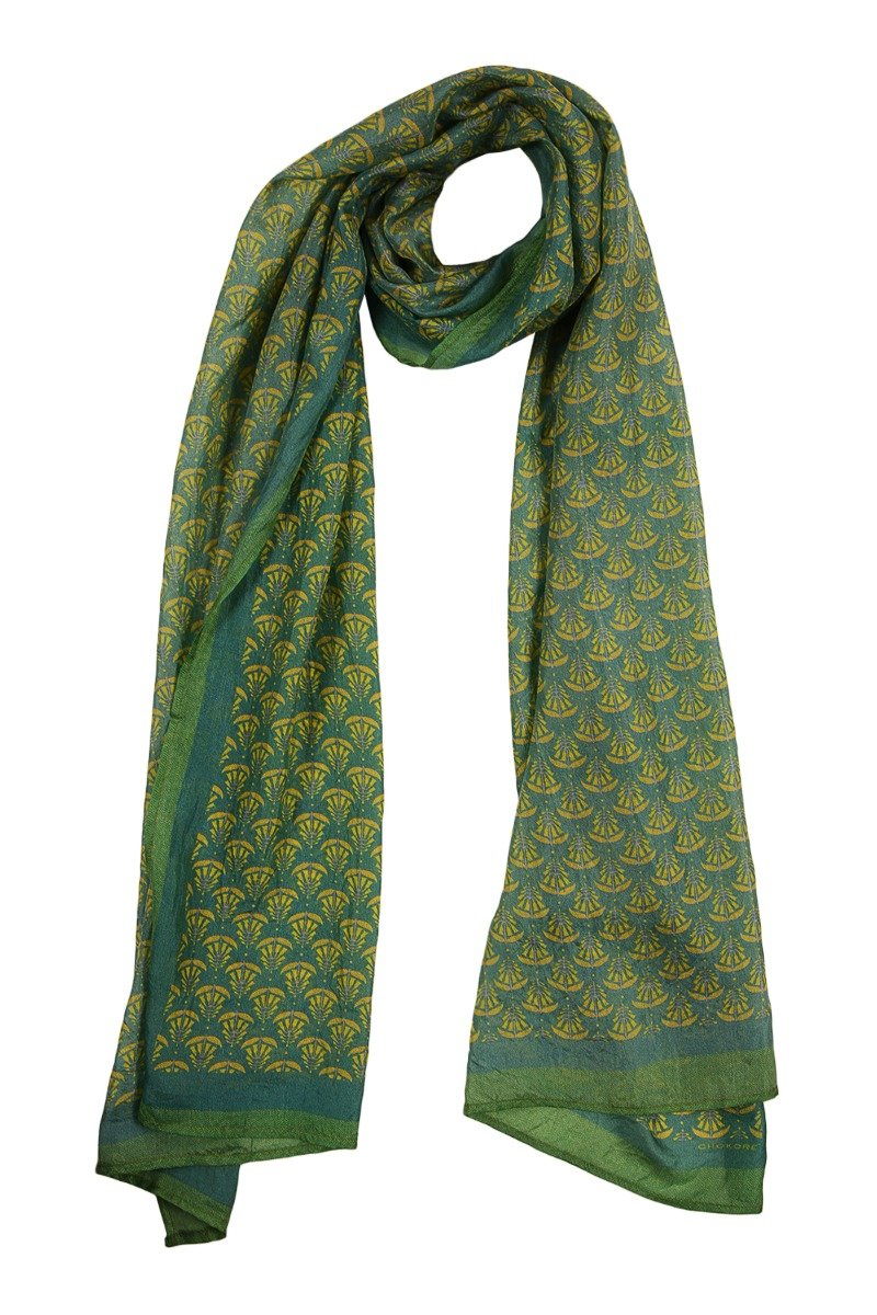 Printed Mehandi Green & Yellow Silk Stole for Women