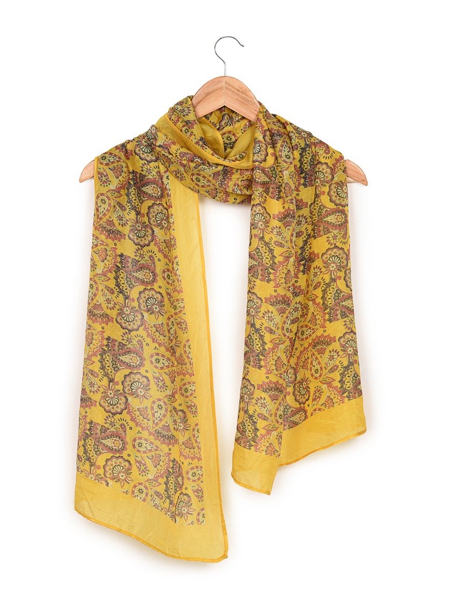 Printed Mustard Yellow & Rust Silk Stole for Women